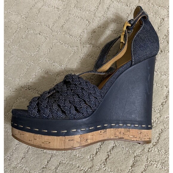 Authentic Chloe Blue Denim Wedge Espadrilles Sandals Size 39.5 (US 8.5) - Picture 7 of 9